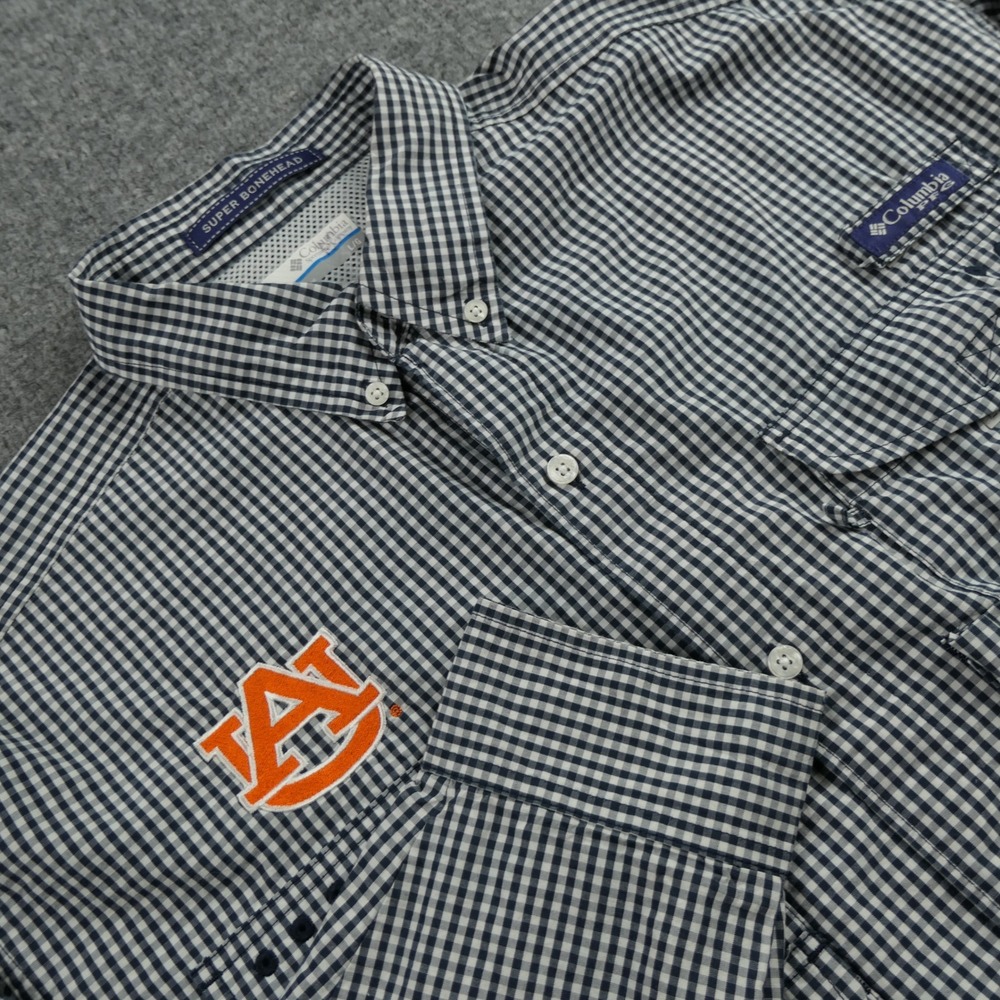 Auburn Tigers Columbia PFG Shirt Mens Large Gingham Long Sleeve Fishing Roll Tab
